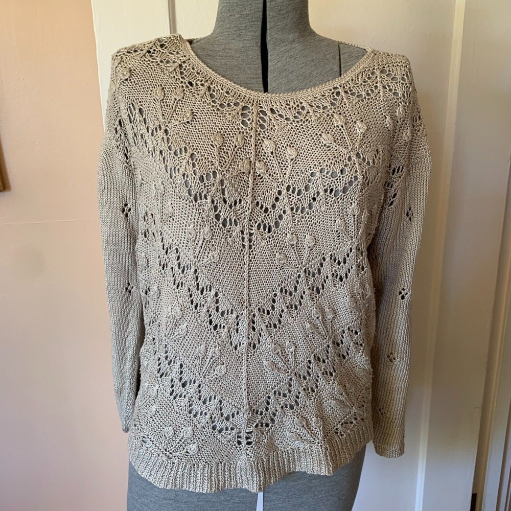 Hand Made Shanghai China Vintage Crochet Knit Sweater Beige Cotton Large